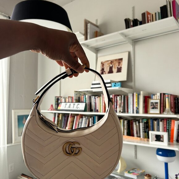 AUTHENTIC Gucci Mini GG Marmont Half Moon Bag White Calf Leather Satchel - Picture 4 of 8